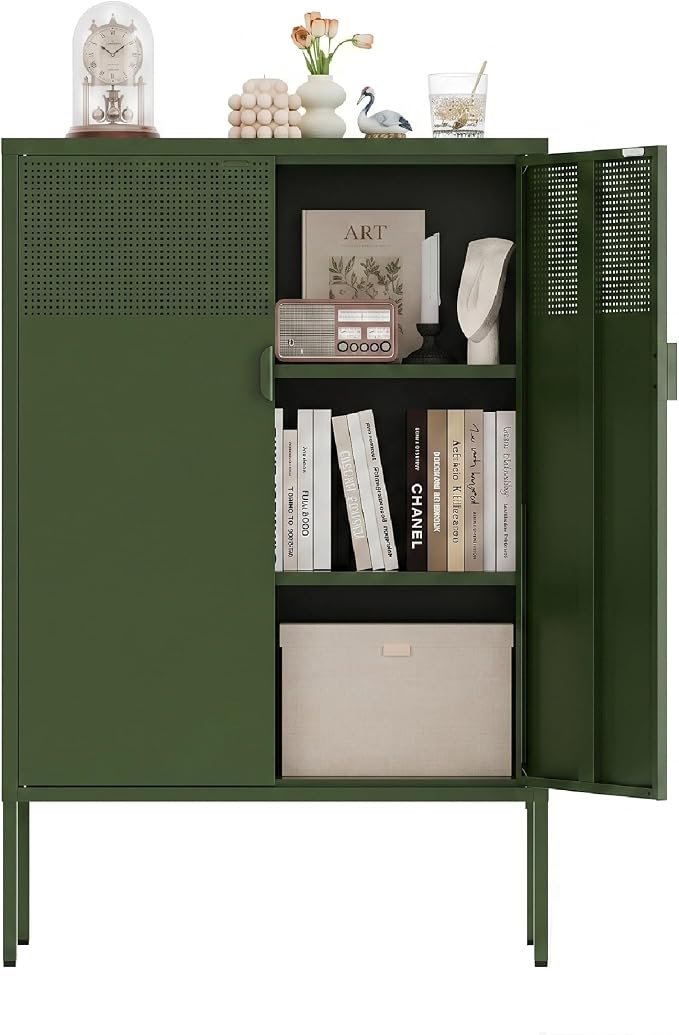 Metal Storage Cabinet,2 Door TV Stand, Metal Mesh Accent Cabinet | Magnetic Door Closure,Low Storage Cabinets with Doors and Shelf for Home,Office,Living Room