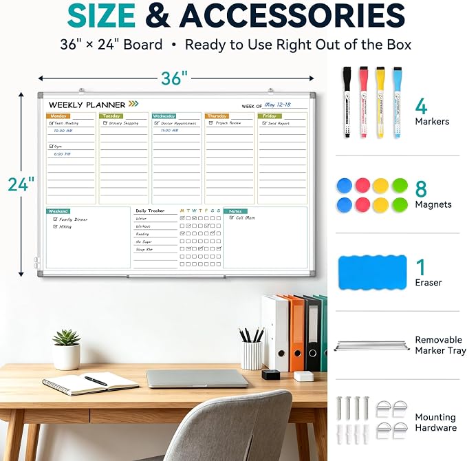 Weekly Dry Erase Calendar Whiteboard with Corkboard, 36" x 24", Silver | Magnetic, White Board Cork Board Combo, Double Sided, Wall Mounted, Aluminum Frame, for Home, Office, Kitchen, Dorm