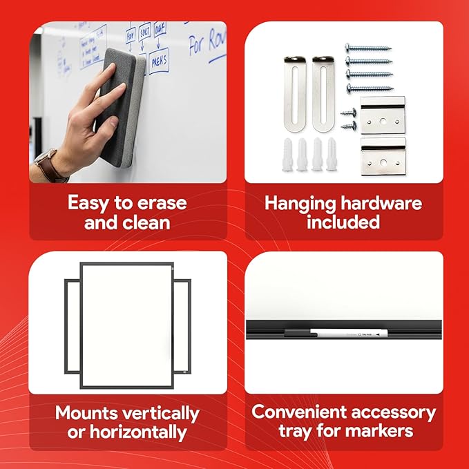 TRU RED Steel Magnetic Whiteboard | Dry Erase Board for Wall, White Board with Satin Frame, 3 ft x 2 ft, + 4 Multicolor Markers