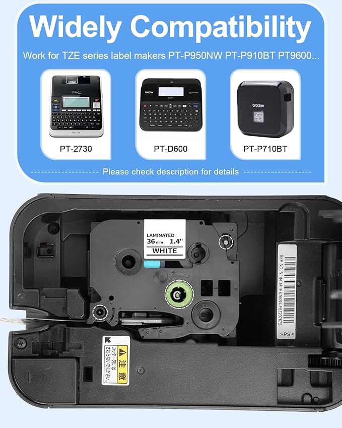 TZe-261 Compatible with Brother P-Touch Label Tape Tze Tape 36mm 1.5 in Black On White TZ Laminated for PT-P910BT PT-950NW PT-9600 Label Maker Refills 36 mm, 1 1/2" x 26.2' (8m), 4-Pack