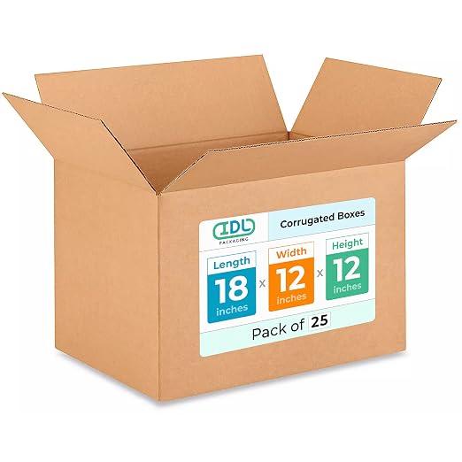Medium Shipping & Moving Boxes 18"L x 12"W x 12"H (25-Pack) - Extra Strength 200 lb vs Regular - Corrugated Strong Boxes for Packaging - Medium Moving Box - Cardboard Moving Box by IDL Packaging | Extra Strength 200 lb vs Regular - Corrugated Strong Bo...