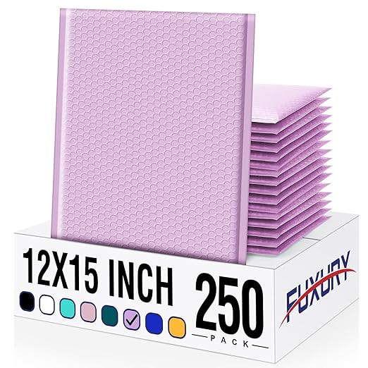 Fuxury Bubble Mailers 12x15" Lavender Purple Padded Envelopes 250 Pack Large Bubble Mailer Strong Adhesion Padded Mailer,Self-Seal Envelope for Mailing Small Business,Magazine, Clothing.