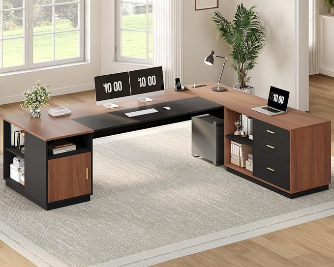 78.7" L Shaped Executive Desk with Lateral File Cabinet, Extra Large Office Desk with Drawers & Power Outlets, Modern Corner Computer Desk with Storage Shelves, Business Furniture, Walnut