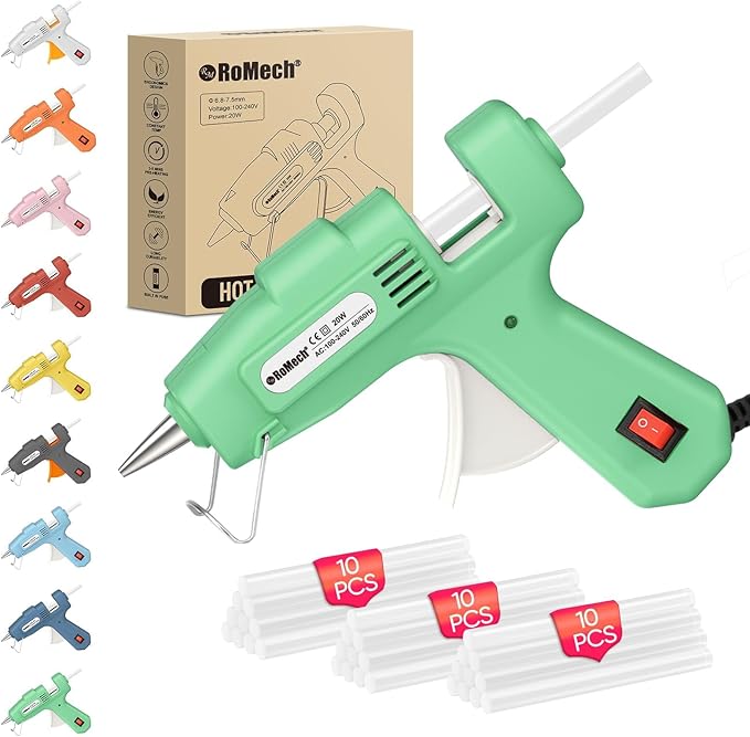 ROMECH 20W Mini Hot Glue Gun with 30 Glue Sticks Set, Fast Preheating Hot Glue Gun Kit Heavy Duty Gluegun for Craft, DIY, Repairs (Green)