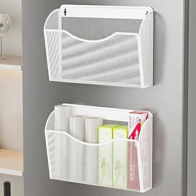 MINDEPOT Magnetic Wall File Organizer, Hanging File Holder, 2 Pack, White | Heavy Duty Iron, Powerful Magnet, Metal Mesh Wall Mount, Single Pocket, for Office School Classroom Home, Letter A4 Size