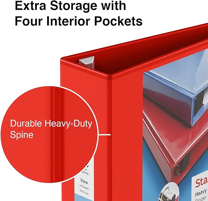 Staples Heavy-Duty 4-Inch D-Ring View Binder, Extra Large Capacity Holds Up to 800 Sheets, Red, for Office, School & Archiving