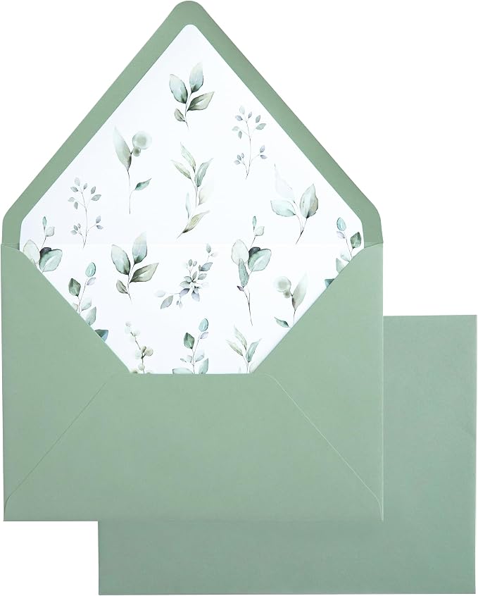 PONATIA 50PCS A7 Euro Flap Envelopes, 5.25 x 7.25'' Liner Envelope For 5x7'' Weddings Invitation Cards, Christmas Gift Cards, Acrylic Invitations, Photos (Sage Green & Green Leaves)