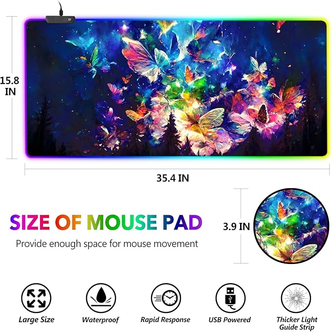 AIMSA RGB LED Gaming Mouse Pad, 14 Modes Glow Pad, Extra Large Gaming Mousepad, 35.4 x 15.8 inch Extended Big Waterproof Keyboard Mouse Pad Mat, Colorful Abstract Butterfly