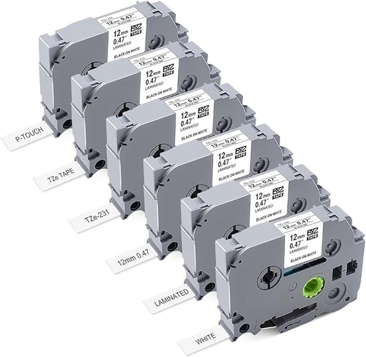 6Pk Replace for Brother P Touch Label Tape Work with Brother Label Maker Tape 12mm 0.47 Laminated White TZ 1/2" Black on White TZe-231 for PT-H103w H110 D210 D220 D400 1180 1280 1890 2040,8m 26.2ft