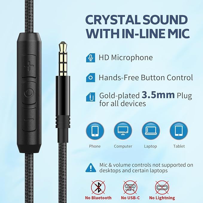 AC01 Over-Ear Headphones Wired with Mic Volume Control, Black Blue | Passive Noise Isolating Corded Stereo Headsets for Adults Teens Kids 3.5mm for School, Chromebooks, Laptop, Tablets, Travel
