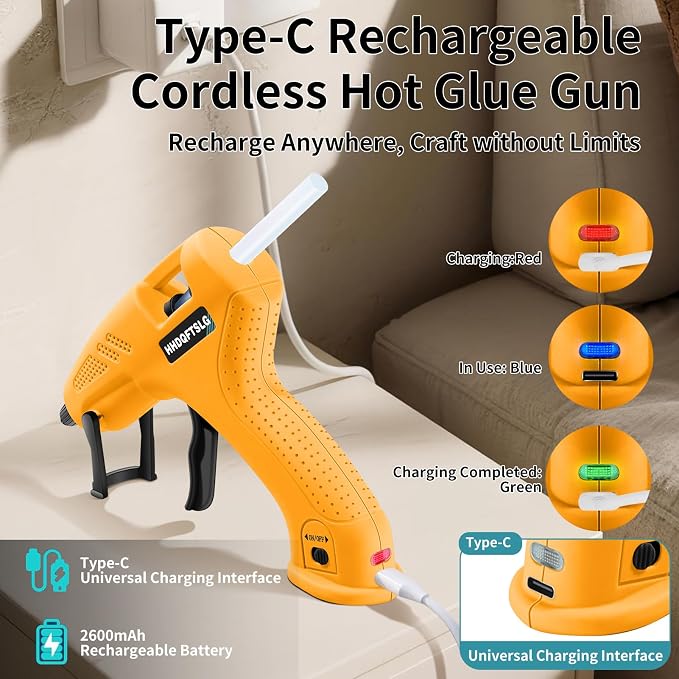 Cordless Hot Glue Gun Kit with 30 Sticks, Fast Heating 2.6Ah Rechargeable | 20W Anti-Drip Glue Gun and Sticks Set (0.27"×6") USB-C Rechargeable Mini Glue Gun Ideal for School Crafts DIY Making Repairs