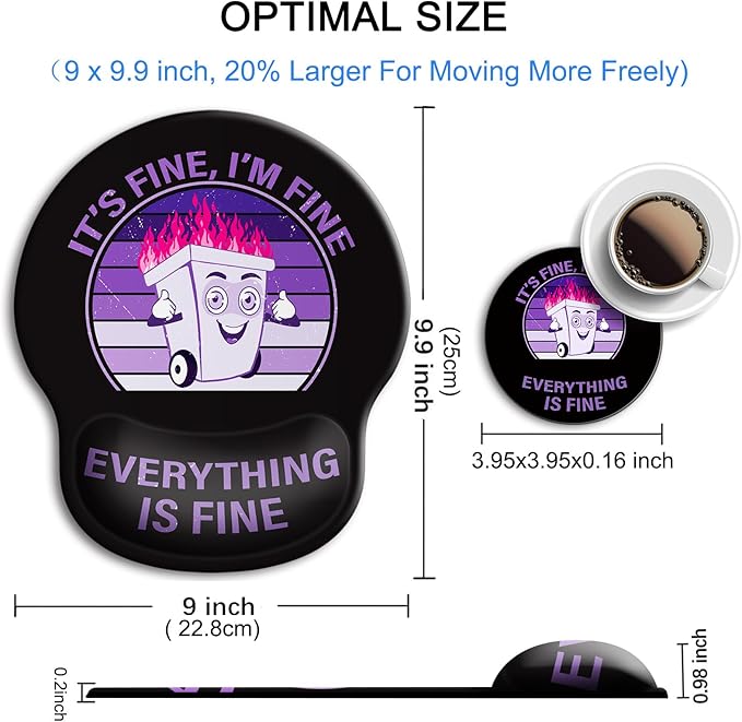 Ergonomic Mouse Pad with Wrist Support Rest,Large Mousepad Gel Wrist Rest, with Coaster Non-Slip & Pain Relief for Computer, Desk, Home&Office-Purple Dumpster Fire