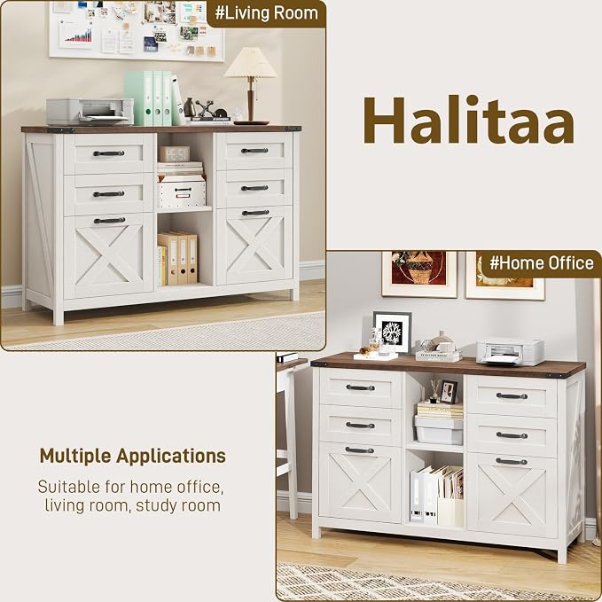 Halitaa Farmhouse Lateral File Cabinet with 6 Drawers, White and Brown | Lateral Filing Cabinet for Letter/A4 Size Hanging File, Wood File Storage Cabinet Printer Stand for Home Office Cabinet