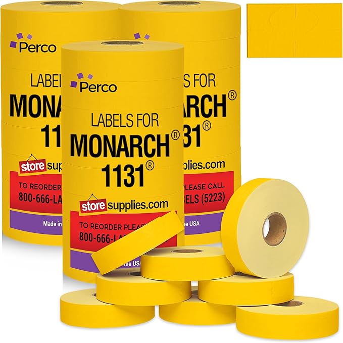 Yellow Pricing Labels for Monarch 1131 Price Gun – 3 Sleeves, 24 Rolls Value Pack - 60,000 Price Marking Labels – with Ink Rolls Included