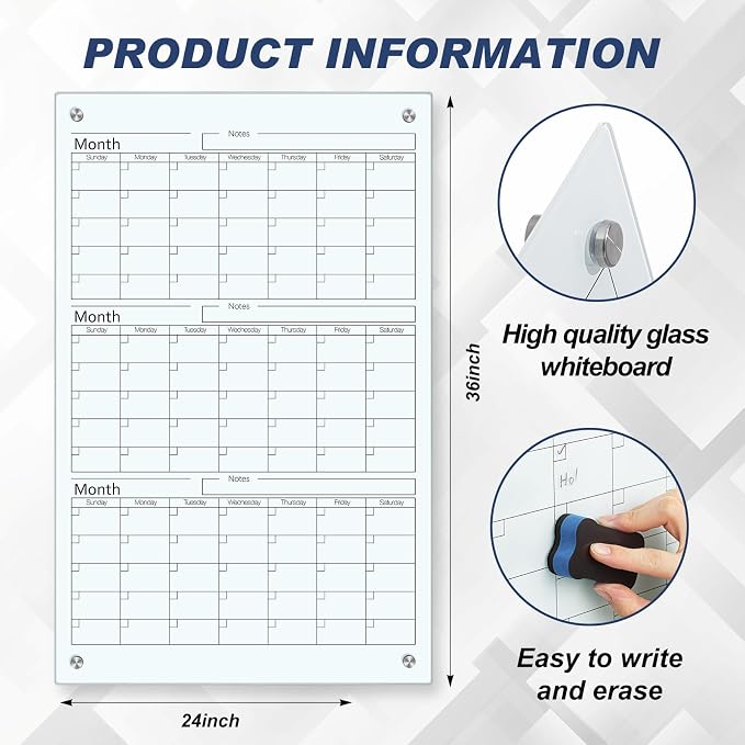 Glass Whiteboard Calendar Dry-Erase White Board Planner Glass Large Wall Mounted Calendar with Marker Tray for Wall Home or Office(Transparent,36" X 24",3 Month)