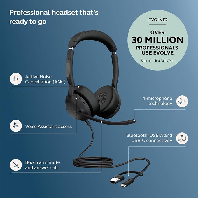 Jabra Evolve2 50 Wired Dual-Ear USB Headset with Microphone, Black | Noise Cancelling headset for Work, Bluetooth via Adapter, Noise Cancelling Microphones, Works with Zoom and Google Meet