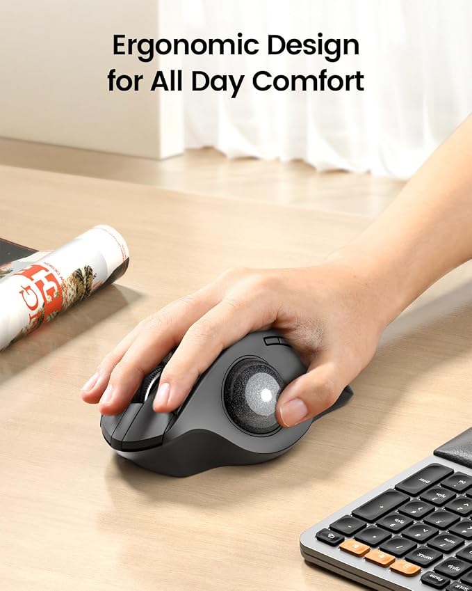 ProtoArc EM01 NL Wireless Trackball Mouse, Rechargeable Thumb Control, Gray | 0/20° Adjustable Angle to Reduce Fatigue, Triple-Device Bluetooth & 2.4G USB-A for Office Use, Silent Click, Easy to Clean