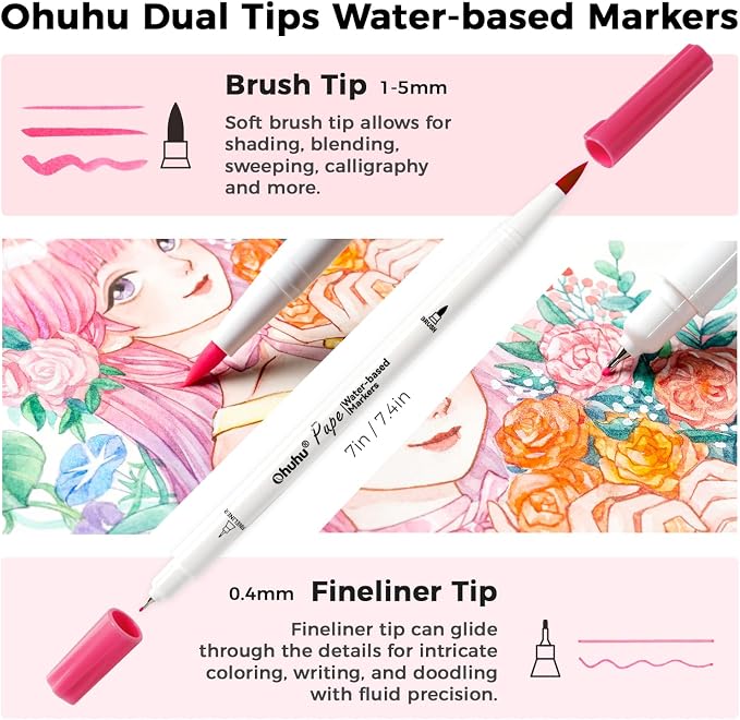 Ohuhu Adult Coloring Book Markers Paper-friendly Water-Based 60 Colors-Pupe | Coloring Markers No Peeling Dual Brush Fine Tips Ohuhu Markers No Bleeding Drawing Pens for Kids Adults Beginner Calligraphy