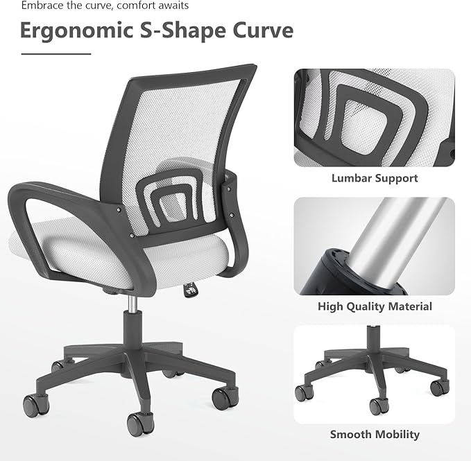 Home Office Chair, Ergonomic Mid-Back Mesh Desk Chair with Lumbar Support, Adjustable Swivel Rolling Design, Comfy Armrest for Work, Study, Gaming, Vanity (White, Single Chair)