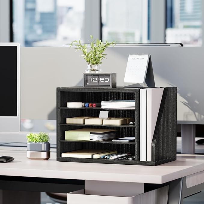 Mail Sorter, File Organizer Desktop, Wood Desk Organizer with 3 Adjustable Shelves, Mail Holder for Office, Home, Letter Sorter File Holders for Envelopes, Mail Supplies Magazines, Black