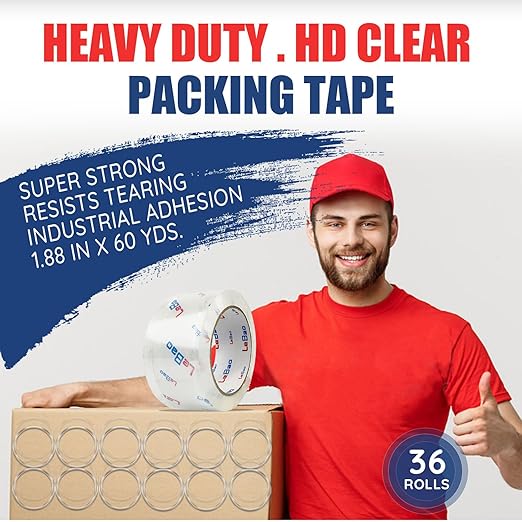 Heavy Duty Packing Tape with Dispenser, 36 Rolls x 1.88 in. x 60 yds. x 2.7 MiL, Strong Hold HD Clear Packaging Tape Secure Sealing for Cardboard, Bubble Wrap, Shipping Supplies, Total 2160 yds.