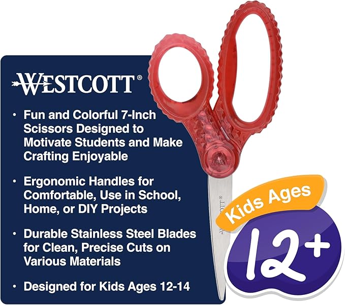 Westcott GEM Crystal-Design 7-Inch Pointed Student Scissors for Ages 12+, Classroom Essential with Comfortable Grip, Ideal for Left or Right Hand, Back to School, School Supplies, Pink