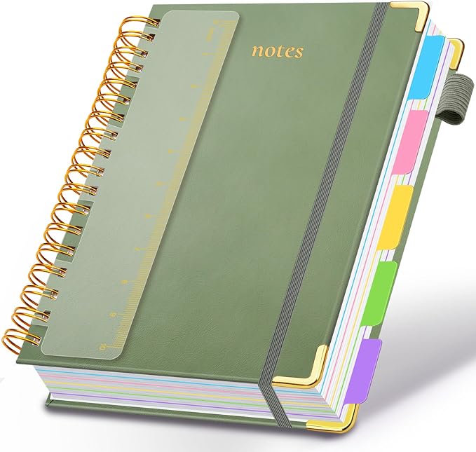 Hardcover Spiral Notebook 8.5"x11" Journal Notebook with Tabs and Removable Dividers 300 Pages 5 Subject Notebook College Ruled, Faux Leather Spiral Bound Notebook for Women School Work (Sage Green)