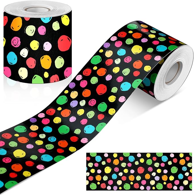 Zonon 65 Feet Bulletin Board Borders Polka Dots Rolled Trim Colorful | Chalkboard Dots for Bulletin Displays, Scalloped Wavy Straight Edges, Striped Grid Patterns, Back to School Decor