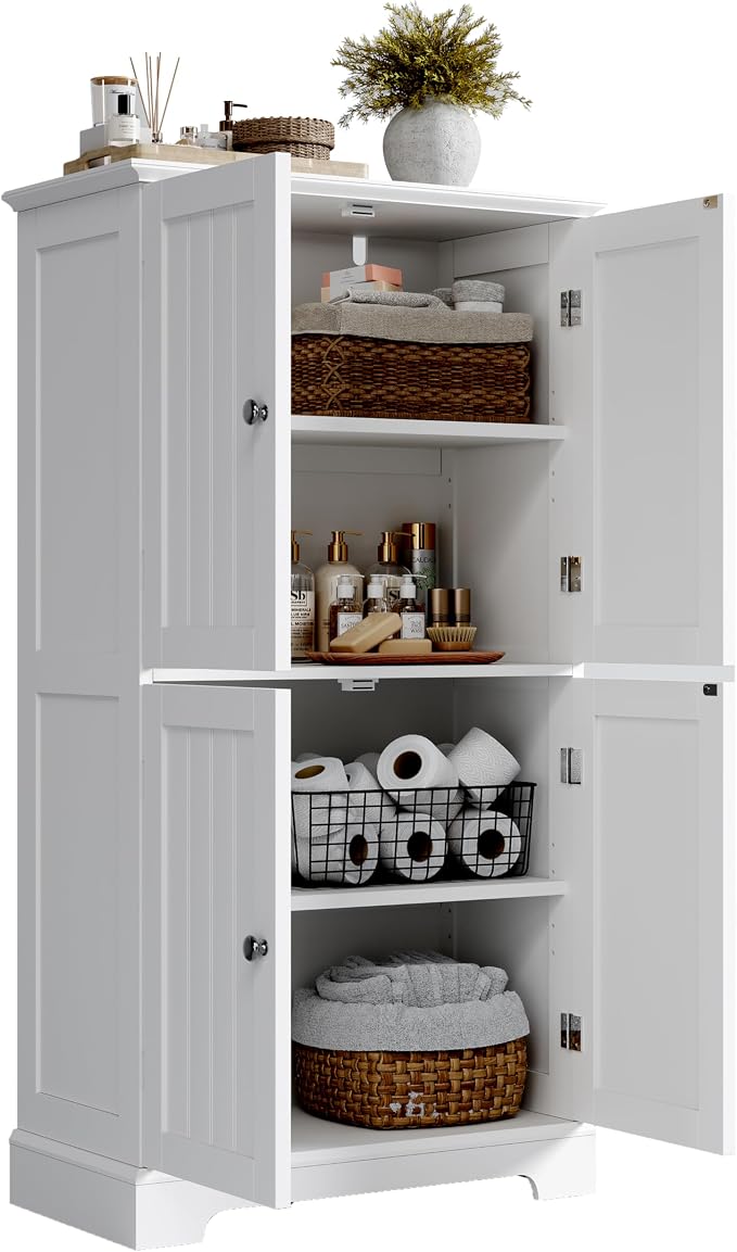 ChooChoo Bathroom Floor Cabinet with Adjustable Shelves | Bathroom Storage Cabinet, 4 Doors, Freestanding Cupboard for Living Room, Kitchen Pantry, White