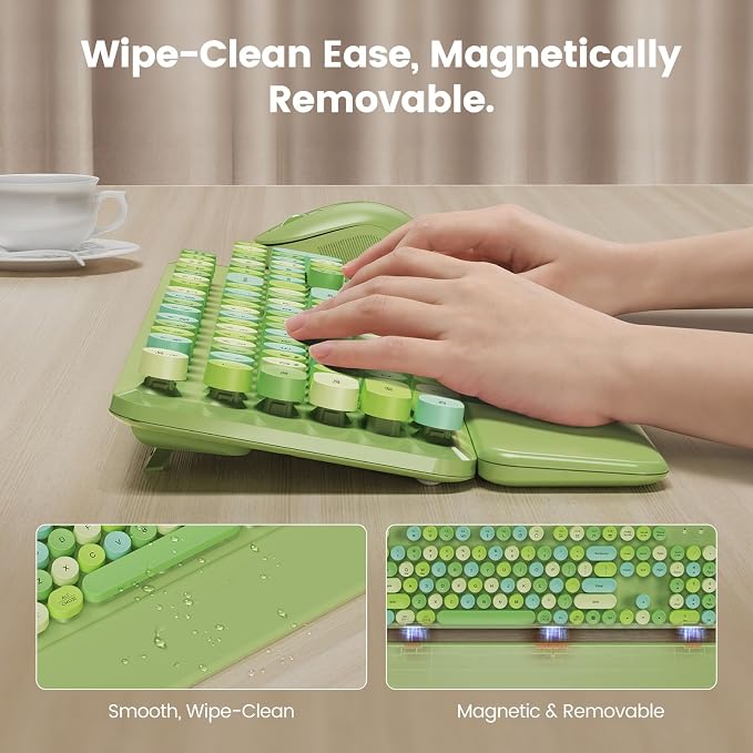 Wireless Keyboard and Mouse Combo with Magnetic Wrist Rest, Round Keycaps, Full-Size Retro Typewriter-Style, Two-Stage Tilt Legs, Auto-Sleep, 2.4G Wireless for Windows Mac Laptop PC, Green Colorful