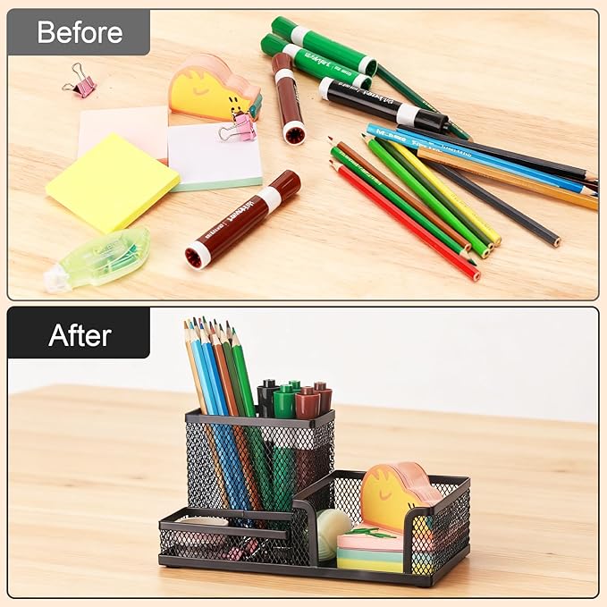 Comix Mesh Pen Pencil Holder Desk Organizer, 3 Compartment Wire Desktop Pen Pencil Cup Caddy Office Supplies Desk Accessories for Home Office School, Black