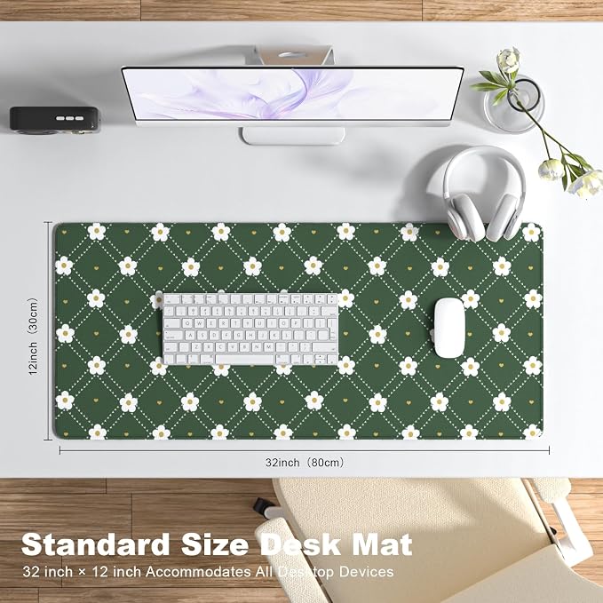 Desk Mat, Large Gaming Mouse Pad, 32" x 12", Cute Green Argyle | Waterproof Desk Pad, Non-Slip Rubber Base, Desktop Mat with Stitched Edges, Desk Accessories for Office, Work, Home