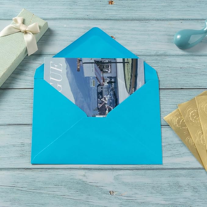 50 Pack Colored A7 Invitation Envelopes 5x7 Blue, 5 1/4 x 7 1/4 in | 5 Colors Envelopes with Gold Stickers For Cards and Invitations