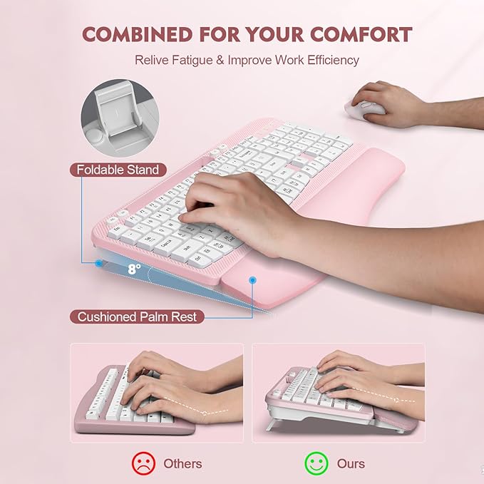 Wireless Keyboard and Mouse Combo, Wave Keys Full-Sized Ergonomic Keyboard with Cushioned Plam Rest, Phone Holder, Comfortable Natural Typing, 2.4G Cordless Set for Computer, Laptop, Pc, Mac, Windows