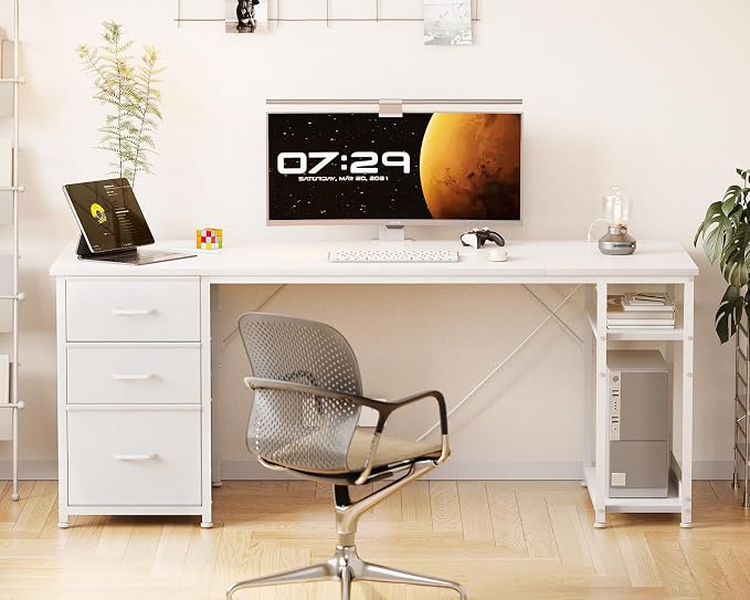 AODK 63 Inch Computer Desk with Drawers & USB Power Outlets | Reversible Home Office Desk with Storage Shelves, Work from Home, Modern Work/Writing/Study Table for Bedroom, White