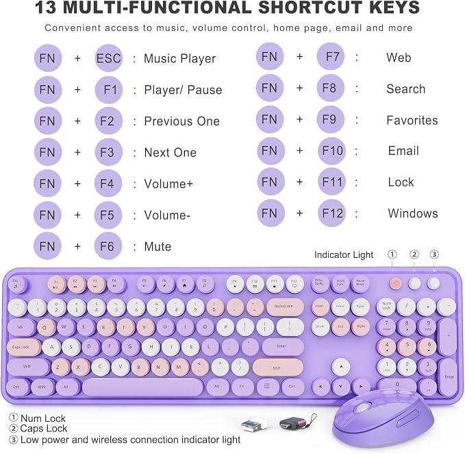 SkyGive Wireless Keyboard and Mouse Combo, Ergonomic Full Size Typewriter Retro Round Keycaps Keyboard, Compatible with Windows, PC, Perfer for Home and Office Keyboards (Lavender Purple