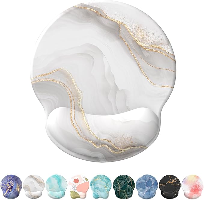 Mouse Pad with Wrist Rest, Comfortable Computer Mousepad with Gel Wrist Support Smooth Surface and Non-Slip PU Base for Pain Relief, Laptop, Office & Home (White Marble)