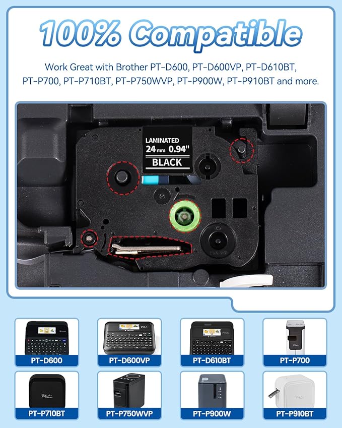 TZe-355 TZe355 Replacement for Brother TZe TZ Tape 24mm 0.94 Laminated P Touch Label Tape 1 Inch Black Label Maker Tape, Compatible with Brother PT-D600 PT-P700 PT-P710BT PT-P750W, 4-Pack