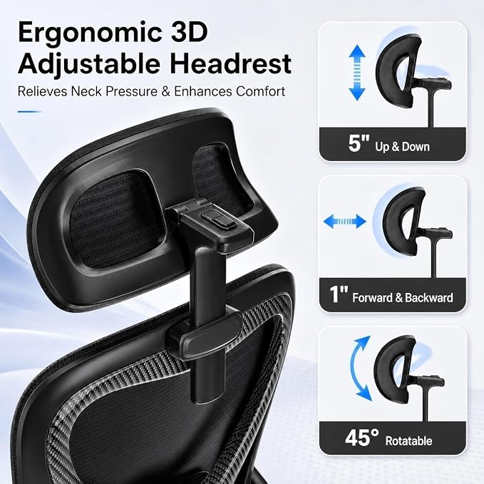 Home Office Desk Chairs, Ergonomic Office Chair with Lumbar Support & 3D Headrest, Computer Desk Chair with Flip-up Armrests, Perfect for Office or Study, Black/Carbon Fiber