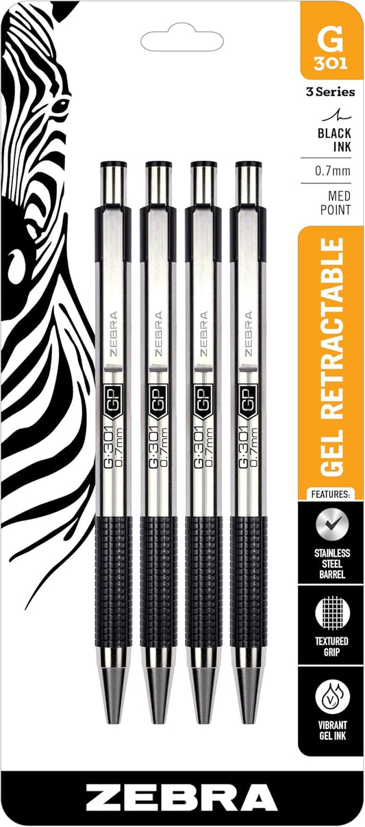 Zebra Pen G-301 Retractable Gel Pen, 0.7mm Medium Point, Stainless Steel Barrel, Textured Grip, Easy Glide Ink Provides a Smooth and Skipless Writing Experience, Black Ink, 4-Pack (41314)