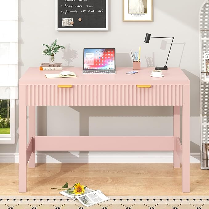 39 Inch Small Fluted Computer Desk with 2 Drawers for Bedroom, Home Office | Small Computer Desk with Storage, Compact Writing Study Desk for Small Spaces, Blue