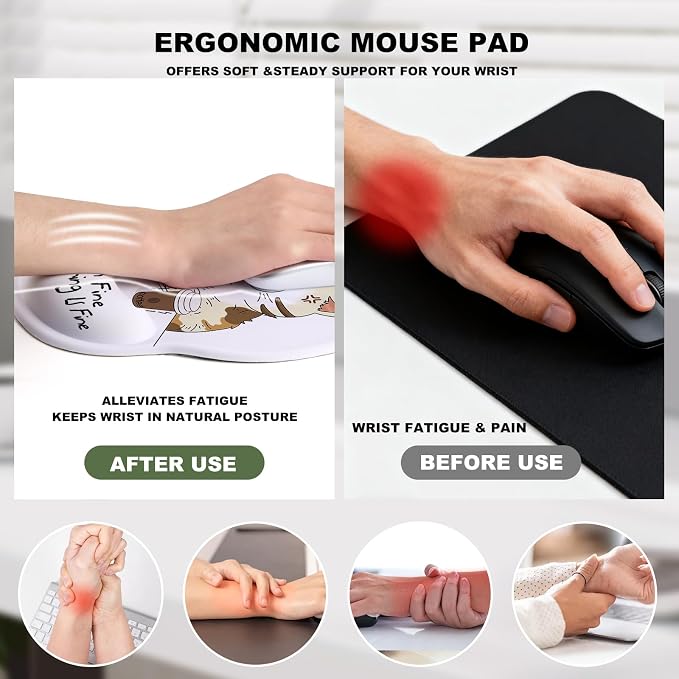 Funny Cat Mouse Pad with Gel Wrist Support, Smooth Surface Ergonomic Mouse pad, Non-Slip Pain Relief Desk Mat for Gaming, Work & Office Desktop