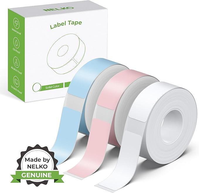 NELKO Genuine P21 Label Maker Tape,14x40mm, 3-Roll, White/Light Blue/Pink | Easy to Peel, BPA-Free, Strong Adhesion, Water-Resistant & Oil-Proof, Great for School, Office, Home, Kitchen, Black on White