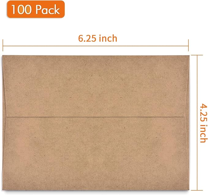 100 Pack, Size A4, 100lbs Brown Kraft Paper 4 x 6 Envelopes - For 4x6 Cards| Self Seal| Perfect for Weddings, Invitations, Baby Shower| Stationery For General, Office | 4.25 x 6.25 inches (A4)