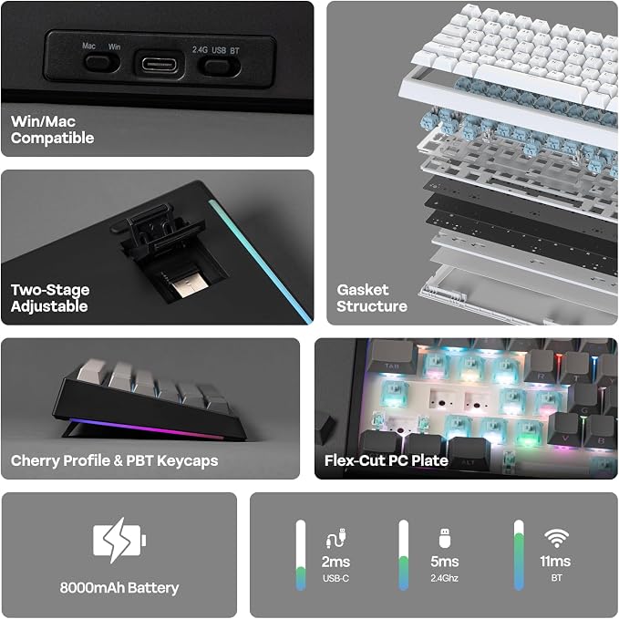 EPOMAKER G84 PRO Wireless Gaming Keyboard w/Screen&Knob, Shine Through | 8000mAh, Hot-Swap, BT5.0/2.4G/USB-C Mode, RGB, 75% Creamy Mechanical Keyboard for Gamers/Office (Black, Creamy Jade Switch)