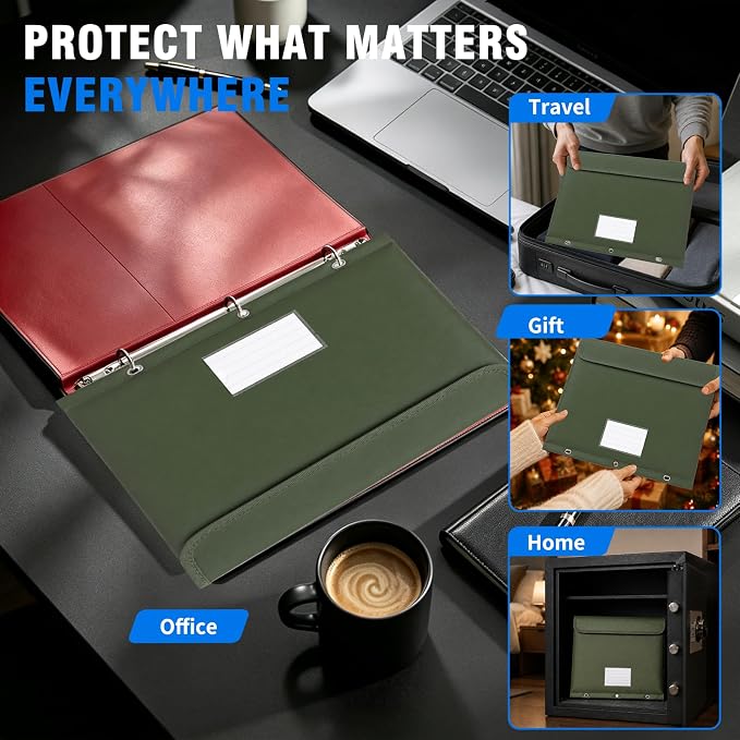 Fireproof 3 Ring Binder Pocket,Document Bag Side Loading, 2 Pack | Water Resistant,Heat Insulated,Binder Folders Organizer,Safe Storage for Home Office Travel,Letter Size, Green
