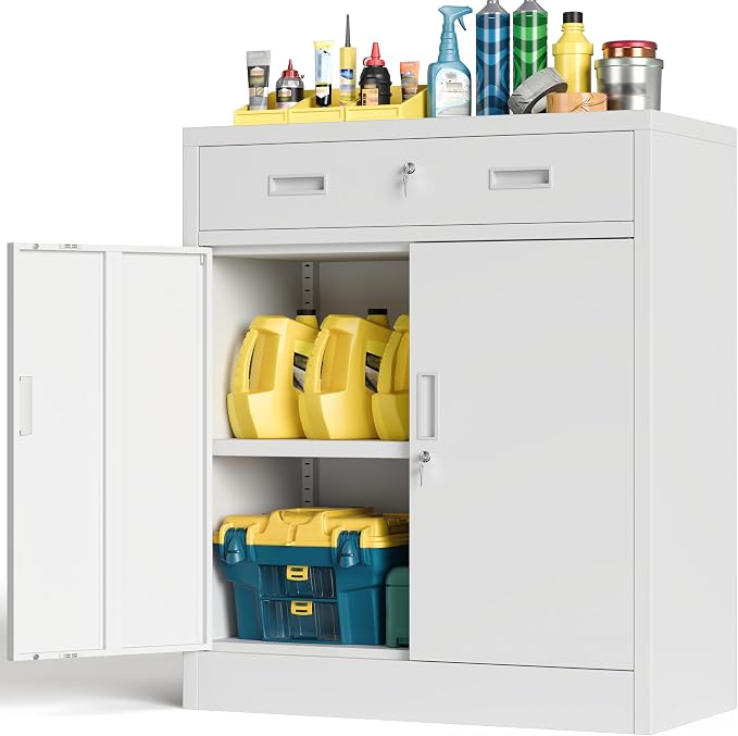 BESFUR Metal Storage Cabinet with Doors and Shelves, 36" H Locking Storage Cabinet with 1 Drawers, Reinforced Heavy Duty Metal Cabinets for Garage, Office, Home(White)
