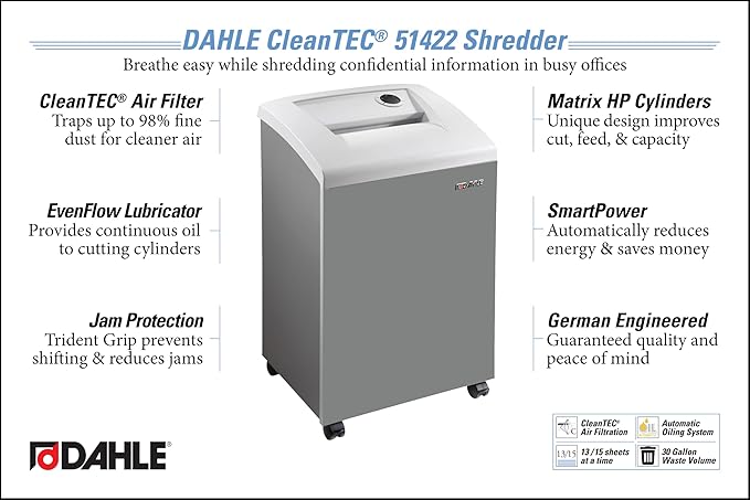 DAHLE CleanTEC 51422 Paper Shredder w/Air Filter, Micro Cut, P-5 Security, German Engineered, Jam Protection, Auto Oiler, SmartPower, 13 Sheet Max