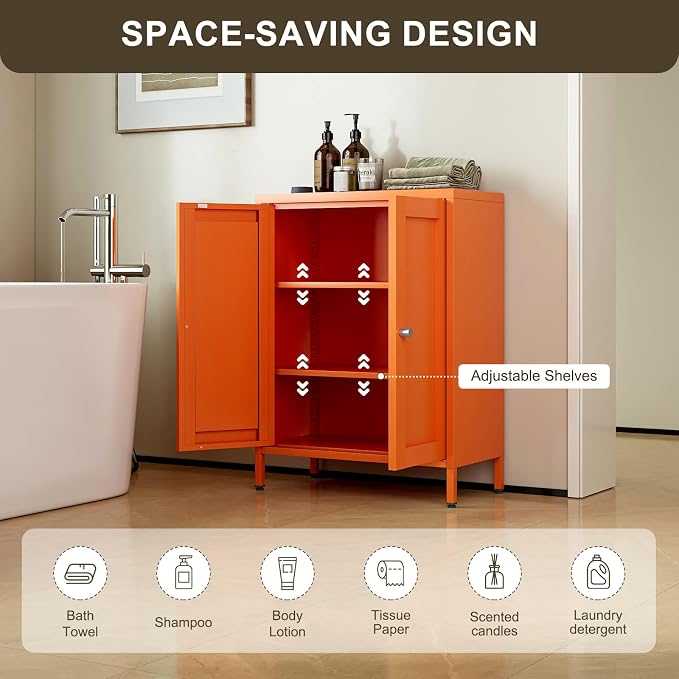 Bevivog Small Bathroom Storage Cabinet, Orange Metal Locker with 2 Doors and 2 Adjustable Shelves, Small Locker Cabinet Sideboard for Home Office, Living Room, Hallway, Entryway