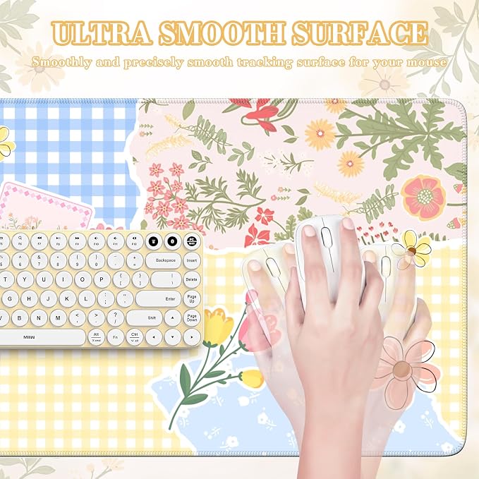 iCasso Aesthetic Checkered Desk Mat with Floral Design, Butter Yellow | XXL Mouse Pad and Keyboard Mat, Cute Flower Mousepad for Grily Desktop Decor, Office Home Laptop Accessories